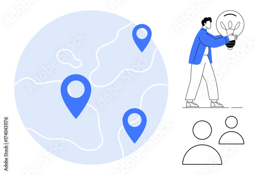 Person holding a lightbulb near global map with location pins and abstract user profiles. Ideal for innovation, connection, global reach, technology, teamwork, solution, creativity. Simple flat