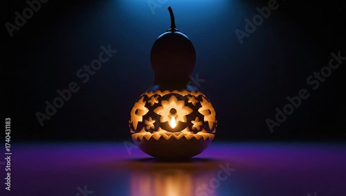 Close-up of a carved Halloween pumpkin with star patterns glowing brightly on a dark background with cinematic lighting.