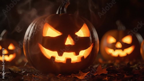 Close-up of carved jack-o-lanterns with spooky faces on a dark background with autumn leaves for Halloween.