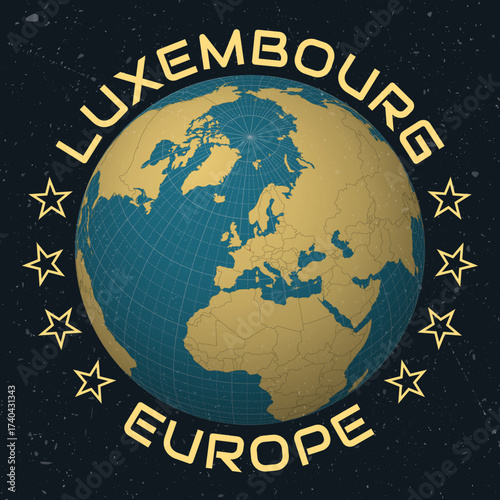Luxembourg on Globe. Country name round text. Vintage look with grunge scratched texture. Country view on world map in Sky Blue Light Yellow color palette. Luxembourg shape on map.