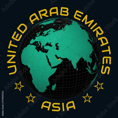 United Arab Emirates on Globe. Round country and continent name text. Country view on world map in Black Emerald color palette. United Arab Emirates shape on map. Modern vector illustration.