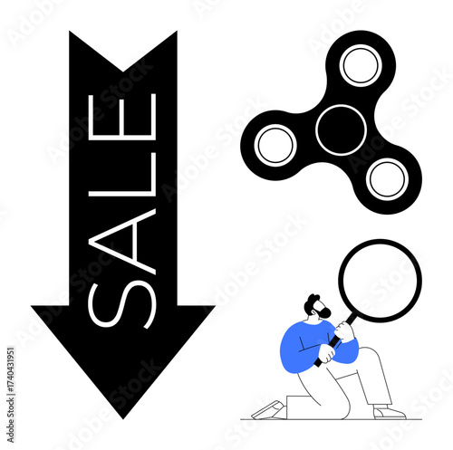 Downward arrow with SALE, fidget spinner, and a person examining with magnifying glass highlight analysis, discounts, curiosity, exploration, and trending products. Ideal for retail, marketing