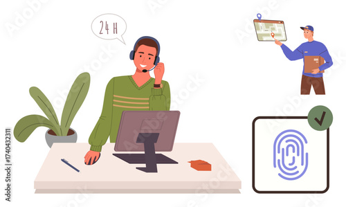 Man at desk with headset and computer for 247 support, delivery tracking on map with courier, biometric fingerprint authentication. Ideal for customer service, delivery, logistics, security, tech