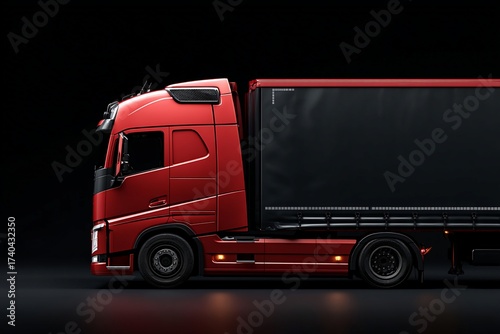 Red Semi-trailer Truck with Black Tarped Trailer