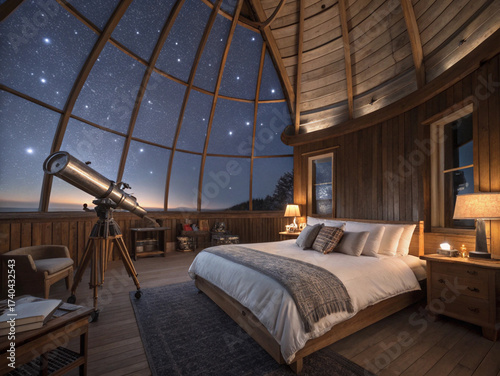 Luxurious bedroom inside a historic observatory dome under the stars. Unique accommodation, surreal travel, astronomical tourism, and exclusive experience concept