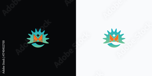 Abstract m medical logo design featuring letter M with wave and plus symbol