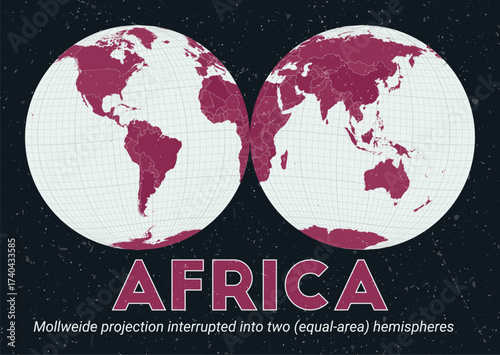 Africa. World map. Mollweide projection interrupted into two (equal-area) hemispheres centered to Africa. Pale Mint Dark Pink palette. Vintage texture. Creative vector illustration.