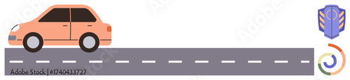 Orange car moving on a dashed-line road, accompanied by icons symbolizing safety, progress, and innovation. Ideal for transport, safety, technology, innovation, mobility travel and progress themes