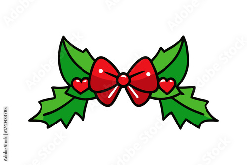Mistletoe with red bow, Christmas kiss tradition, vector illustration isolated on white background