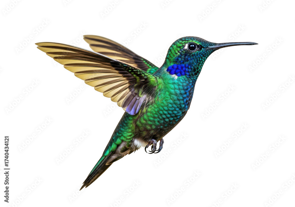 Fototapeta premium Vibrant green hummingbird with iridescent plumage in flight isolated on transparent background