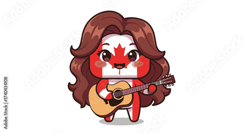 Cartoon Character with Canadian Flag Face Playing Guitar.