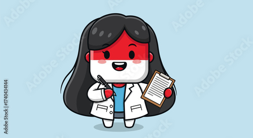 Cartoon Doctor Character with Indonesian Flag Design and Clipboard.