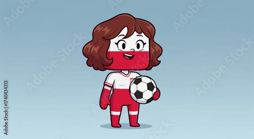 Cartoon Girl Representing Poland Holding a Soccer Ball.