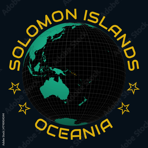 Solomon Islands on Globe. Round country and continent name text. Country view on world map in Black Emerald color palette. Solomon Islands shape on map. Alive vector illustration.