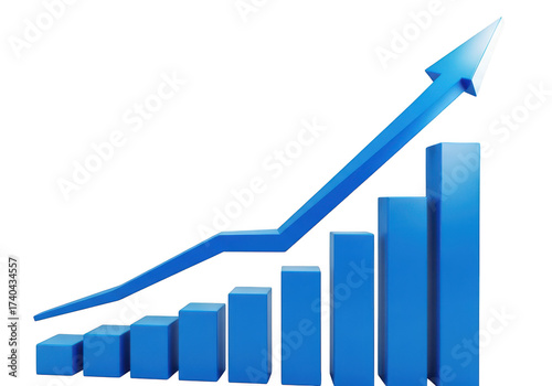 Blue 3d bar chart with upward trending arrow isolated on transparent background