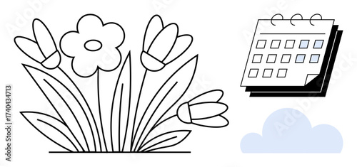Flowers blooming with a calendar showcasing a date and a minimal cloud overhead. Ideal for themes thumbs up spring, nature, time, planning, gardening, renewal, and growth. A simple flat metaphor