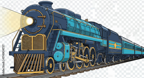 Detailed Blue and Gold Steam Train Illustration on Tracks.