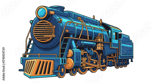 Detailed Blue and Gold Steam Train Illustration on White Background 1.