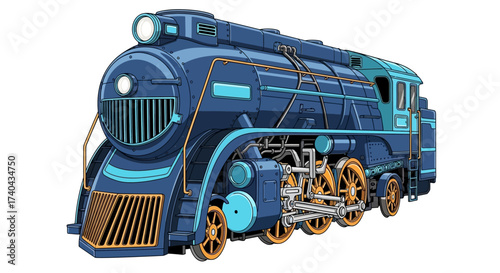Detailed Blue and Gold Steam Train Illustration on White Background.