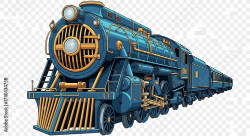 Detailed Blue and Gold Steam Train Illustration with Intricate Design.