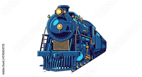 Detailed Blue Steam Train Engine Isolated on White Background.