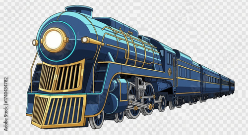 Detailed Blue and Gold Steam Train Illustration.