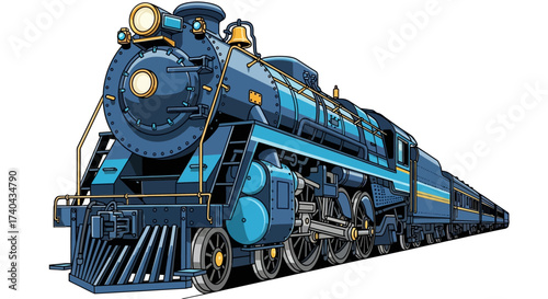 Detailed Blue Steam Train Illustration on White Background 1.