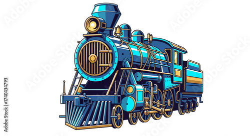Detailed Blue Steam Train Illustration on White Background 2.