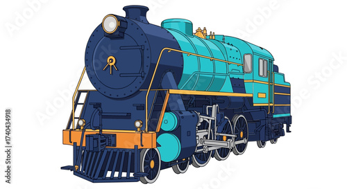 Detailed Illustration of a Blue and Teal Steam Train Engine.
