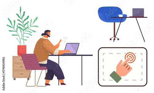 Professional working at desk with laptop, modern workspace setup, hand gesture on touchscreen. Ideal for productivity, technology, remote work, management, online learning, innovation simple flat