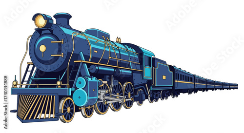 Detailed Illustration of a Blue Steam Train with Multiple Cars.