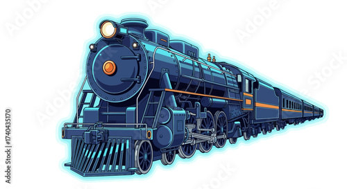 Detailed Illustration of a Classic Steam Train Engine and Passenger Cars.