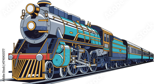 Detailed Illustration of a Classic Steam Train with Passenger Cars.