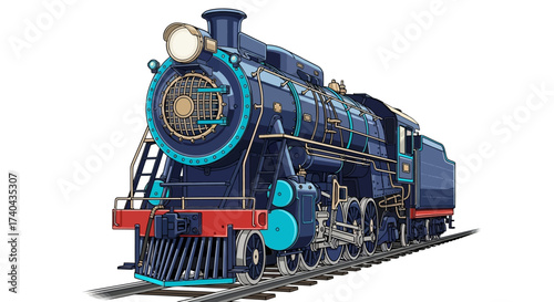Detailed Steam Train Engine Illustration on White Background.