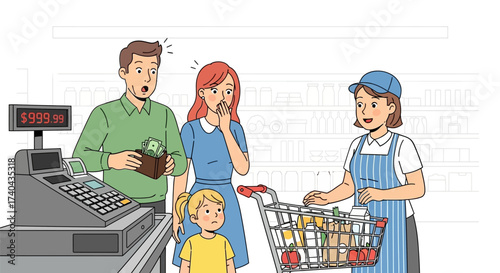 Family shocked by grocery bill at supermarket checkout.