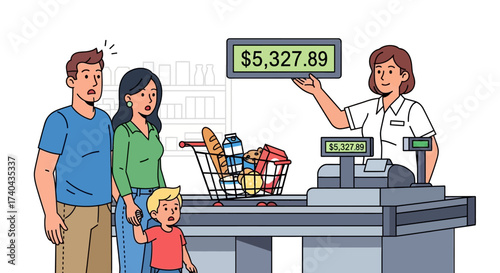 Family shocked by high grocery bill at checkout.