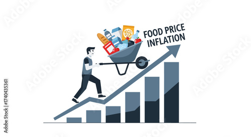 Food Price Inflation Man Pushing Groceries Up Rising Cost Graph.