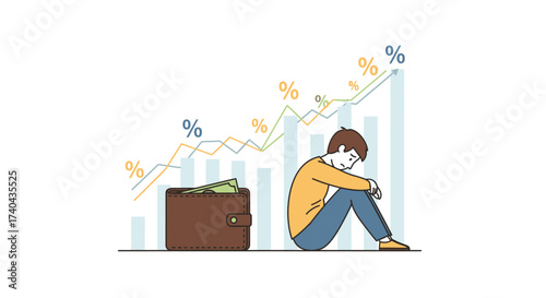 Man Depressed by Rising Interest Rates and Empty Wallet.