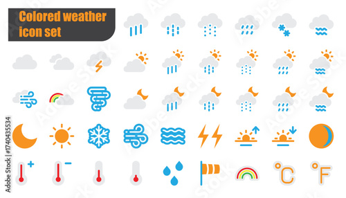 42 vibrant weather icons in flat style—sun, rain, snow, wind, and more. Perfect for apps, UI, and educational visuals. Bright, readable, and scalable.