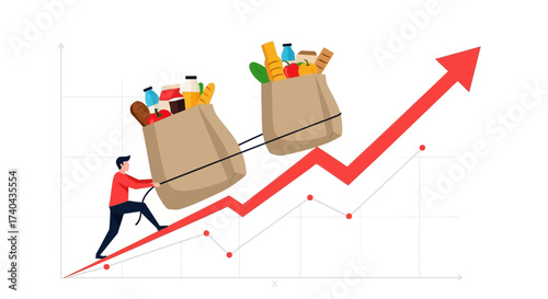 Man Pulling Groceries Up Rising Inflation Chart.