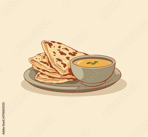 Illustration Roti Canai with Curry