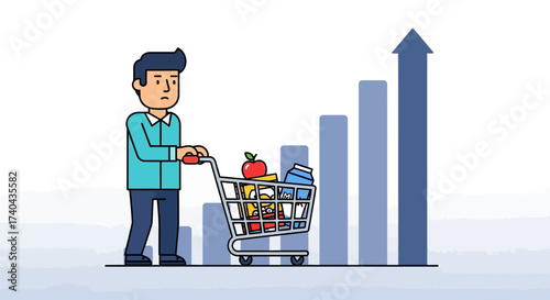 Man Pushing Shopping Cart Full of Groceries with Rising Graph.