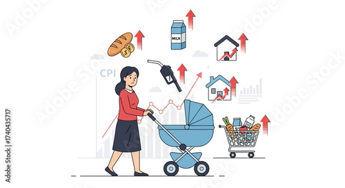 Mother Pushing Stroller Amidst Rising Costs Illustration.