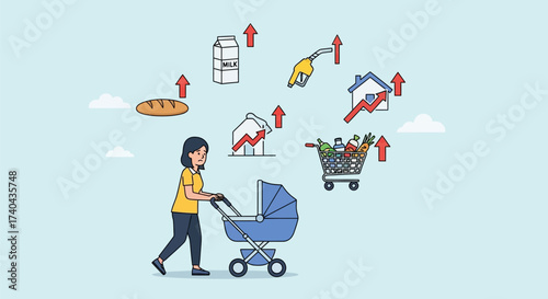 Mother Pushing Stroller Amidst Rising Inflation Costs.