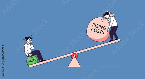 Rising Costs Imbalance Man Carrying Weight on Seesaw.