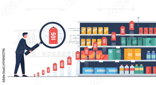 Price Comparison Analysis in Retail with Magnifying Glass.