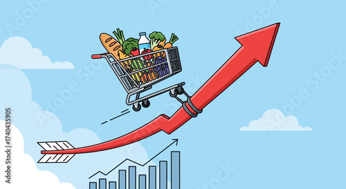 Rising Food Prices A Shopping Cart on an Upward Arrow.