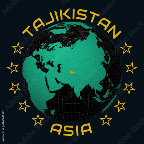 Tajikistan on Globe. Round country and continent name text. Country view on world map in Black Emerald color palette. Tajikistan shape on map. Neat vector illustration.