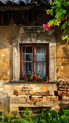 Charming Window with Flowers in Old Stone Building.