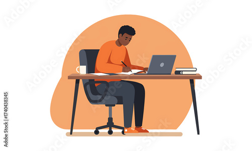 A young man sits at a desk, working on a laptop and writing in a notebook with a pen, in a modern, minimalist illustration.